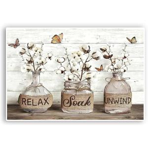 BJVJKSU Farmhouse Bathroom No Frame Poster Rustic Cotton Flower Unframed Canvas Wall Art Relax Soak Unwind Sign Painting Print Wall Decor Vintage Picture Artwork Decor(16x24in Unstretched Canvas)