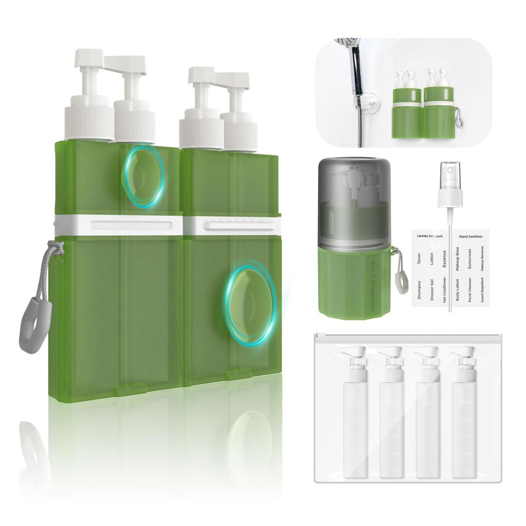 YOTIME 4 in 1 Travel Dispenser Bottle, Vacuum Silicone Suction Cup for Smooth Walls, TSA Approved Leak Proof Travel Size Containers for Toiletries, Shampoo, Body Wash and Conditioner, Green