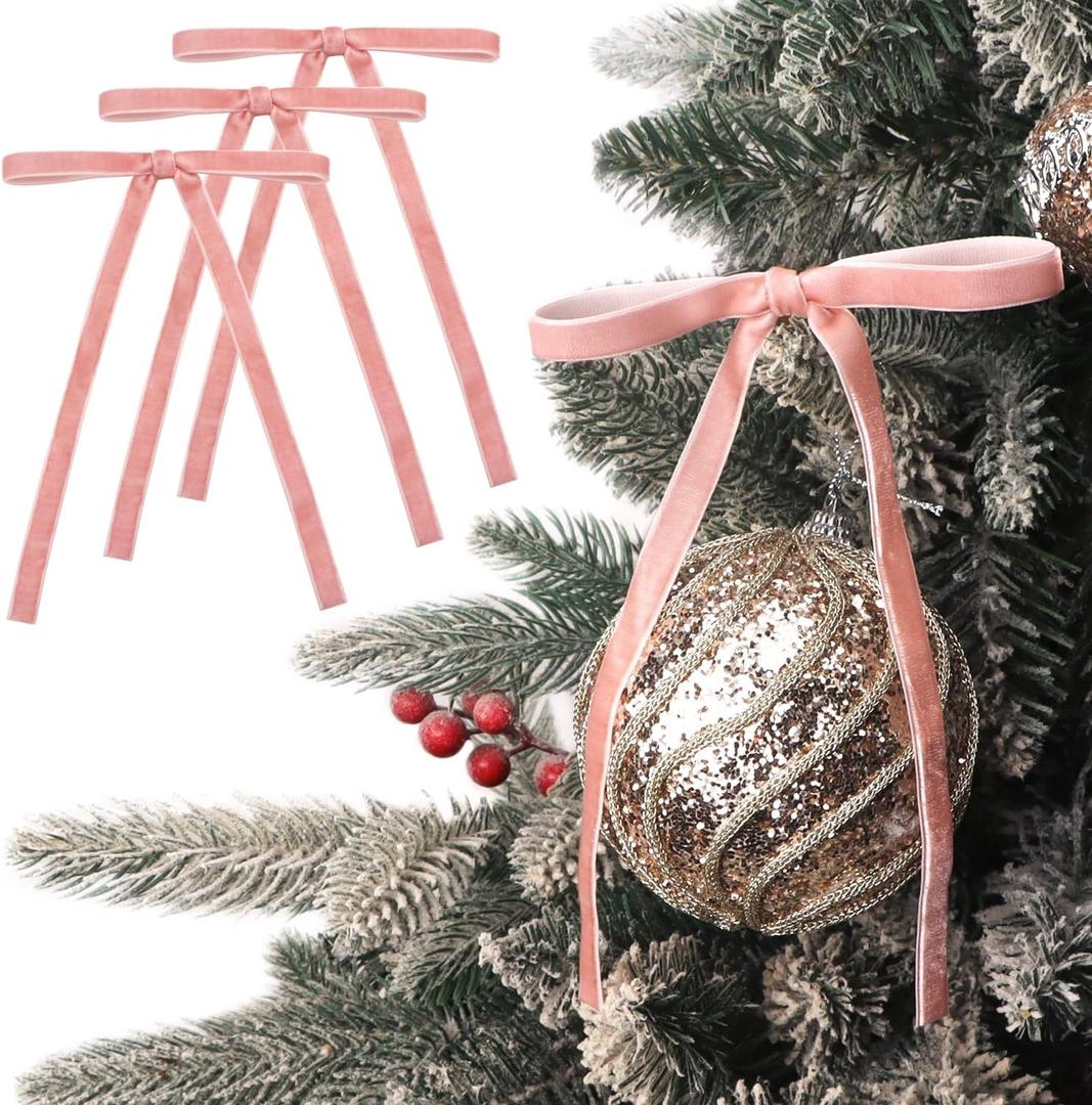 Ribbli Velvet Christmas Tree Bows 24 Pcs Dusty Pink Vintage Wreath Ribbon Bows for Door Garland Home Decor - 5 x 7 Inch, 3/8 Inch Wide