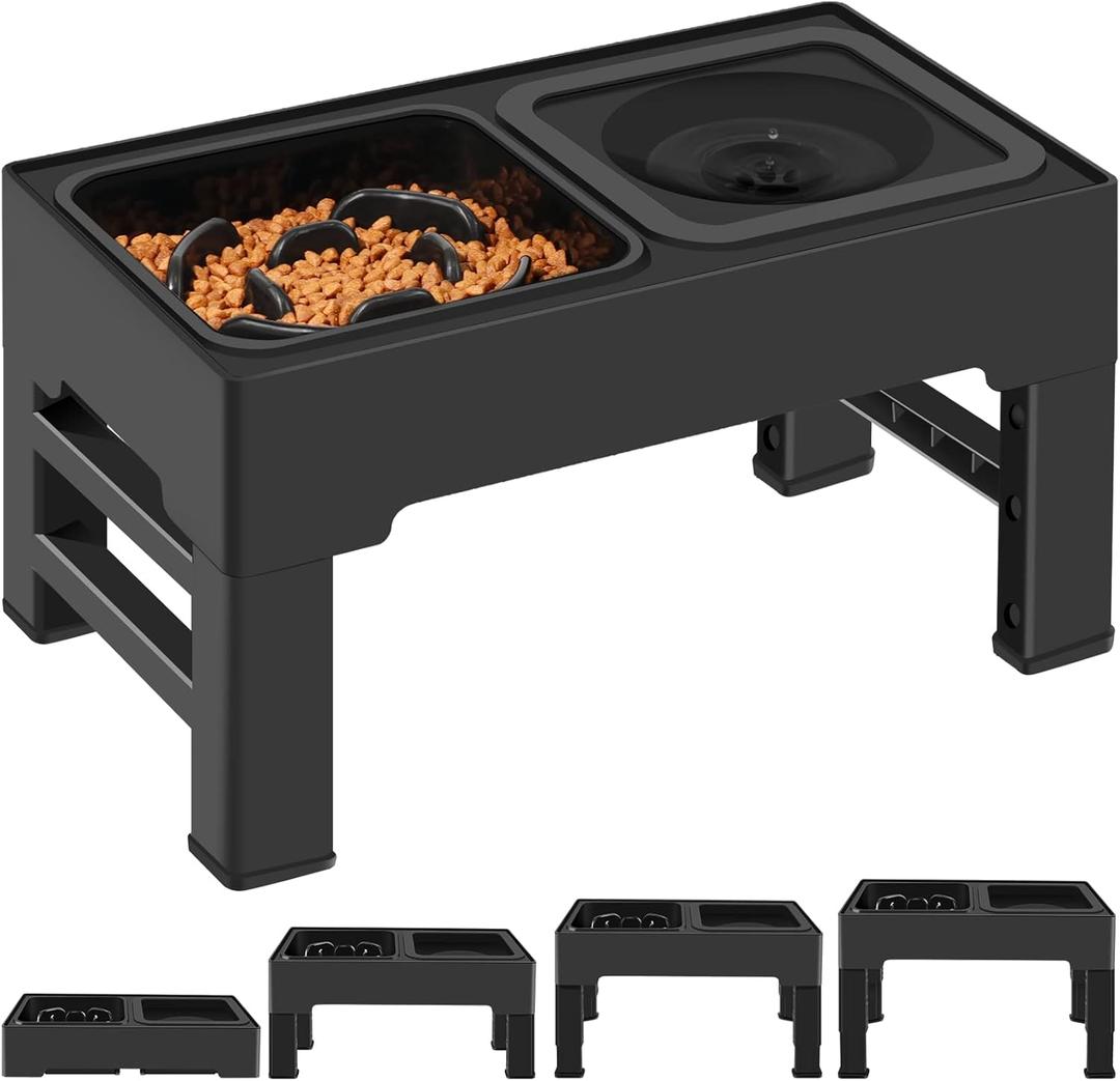 2-in-1 Elevated Slow Feeder Dog Bowls, 4 Height Adjustable Raised Dog Bowls Stand with No Spill Water Bowl, Non-Skid Pet Food Feeding Set for Small, Medium, Large Dogs Cats