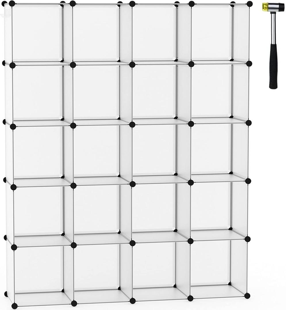 C&AHOME Cube Storage Organizer, 20-Cube Shelves Units, Closet Cabinet, DIY Plastic Modular Book Shelf, Ideal for Bedroom, Living Room, Office, 48.4" L x 12.4" W x 60.6" H Transparent White UPCS20W