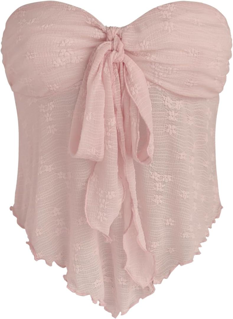 CIDER Summer Tube Tops for Women Floral Tie Front Cute Tops Sexy Going Out Tops Trendy Strapless Mesh Flowy Top Casual (Medium, Light Pink)