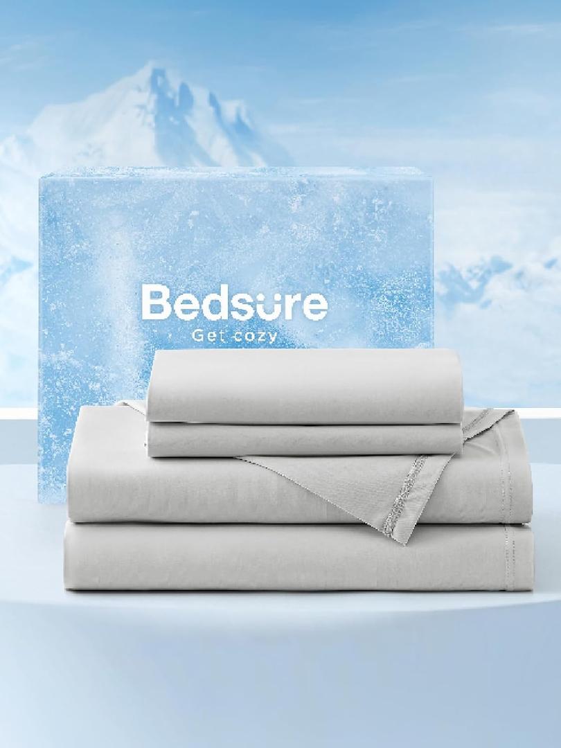 Bedsure Cooling Sheets Queen Size, Cooling Bed Sheets for Hot Sleepers, Chill Cool Sheet, Deep Pocket Up to 18 Inches, Soft & Breathable Queen Sheet Set, 4 Pieces, Grey