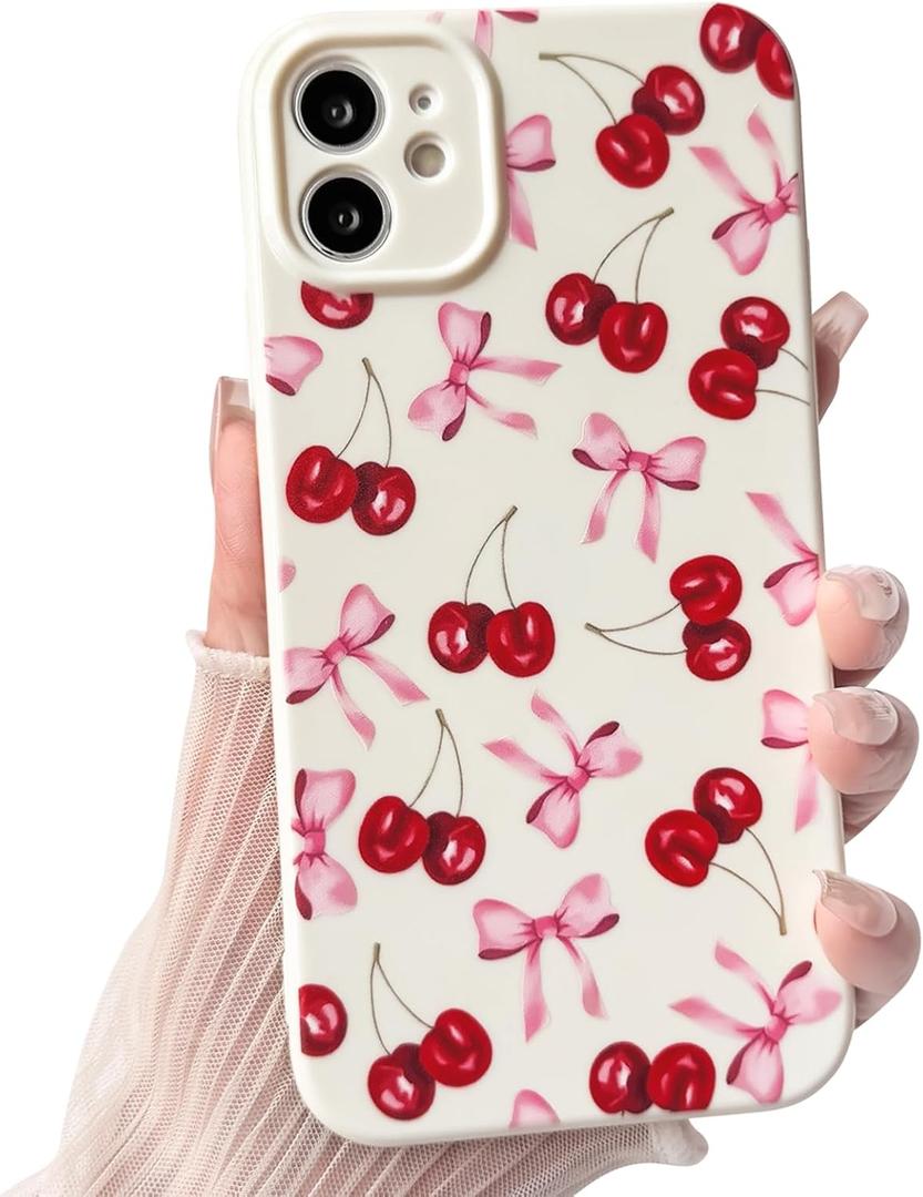 NITITOP Compatible with iPhone 11 Case Cute Cherry Bow Ribbon Design for Women Girls Soft TPU Fit Slim Stylish Full Camera Protection Phone Cover - White