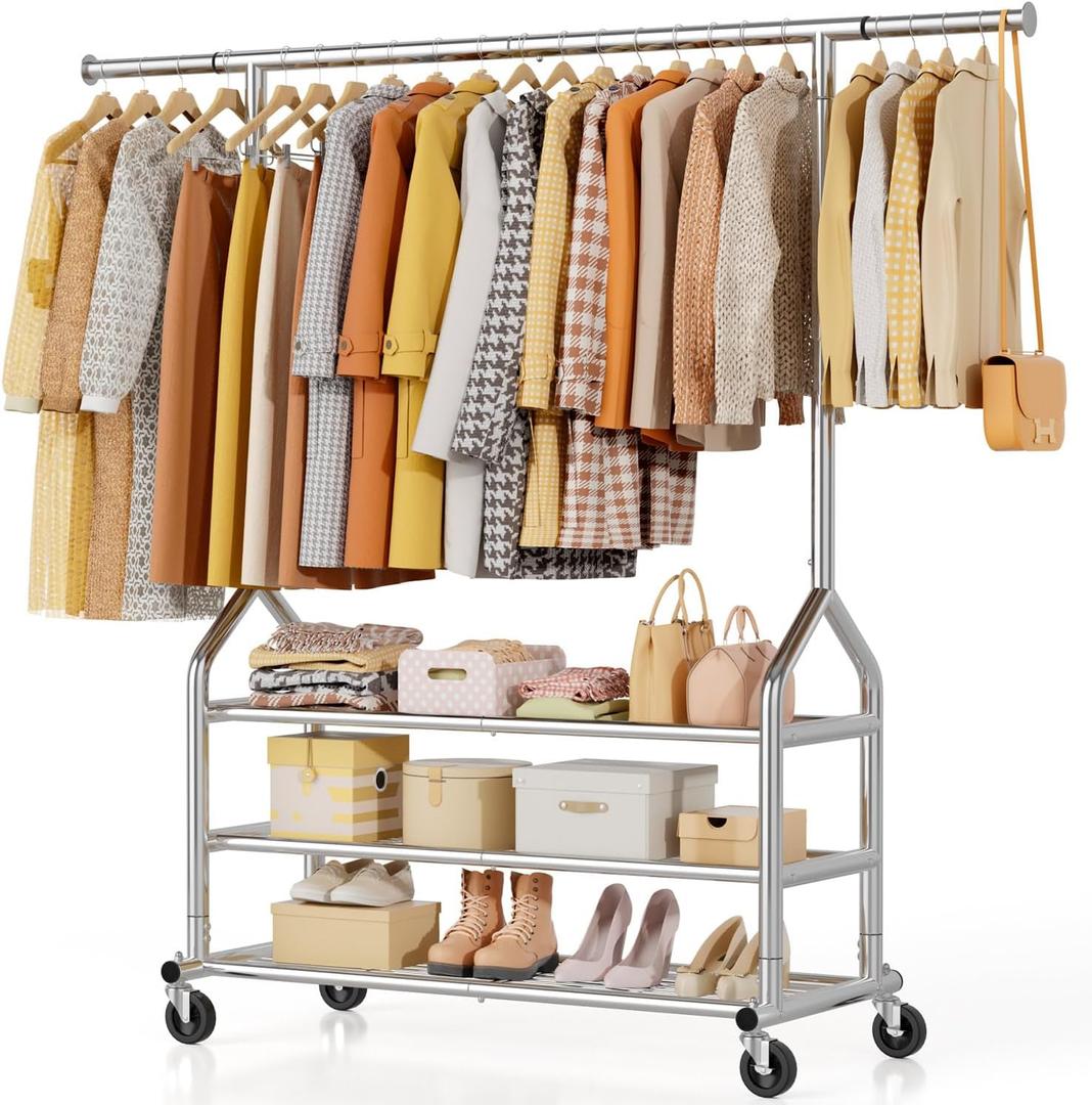 EAGMAK Heavy Duty Clothes Rack Load 688 LBS, Rolling Clothing Rack With 3 Shelves, Adjustable Metal Clothes Hanger with Wheels Portable Wardrobe Organizer Garment Rod for Hanging Clothes (Silver)