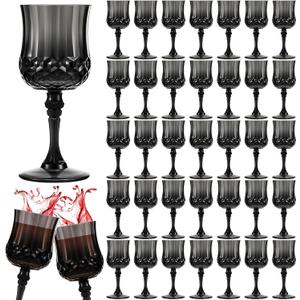 Pinkunn 50 Pcs Black Patterned Plastic Wine Glasses Colorful Goblet Champagne Flutes Vintage Style Dishwasher Safe Drinking Glasses for Wedding, Reception, Grand Event Party