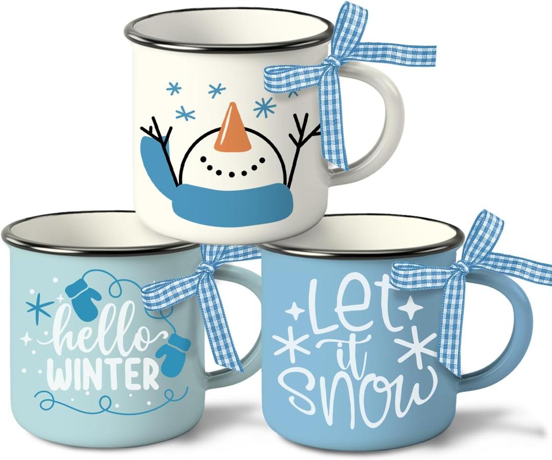 Hello Winter Snowman Mini Coffee Mug Set of 3, Let It Snow Glove Snowflake 5 oz Mini Coffee Cups Tiered Tray Decor, Blue Christmas Holiday Kitchen Coffee Bar Decorations Housewarming Gift