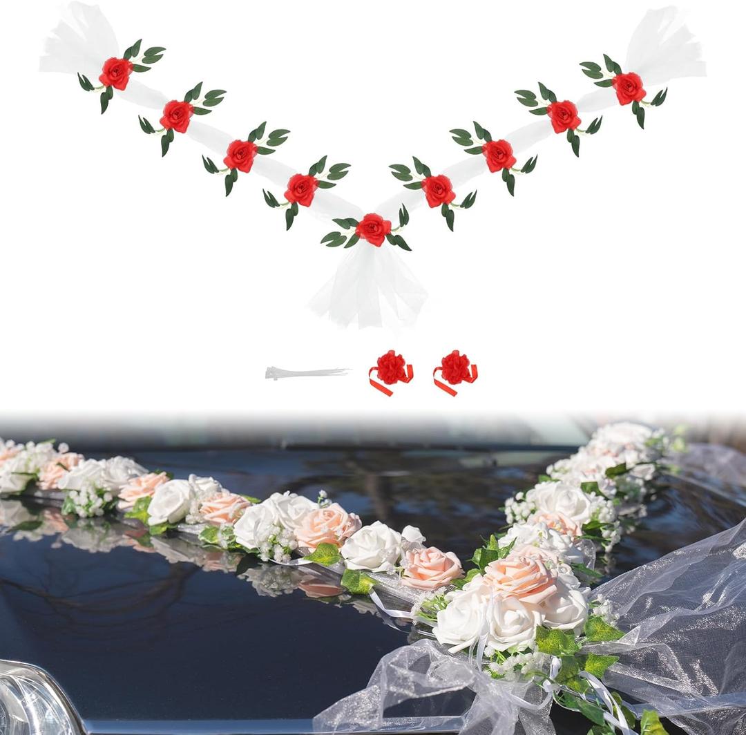 PATIKIL Wedding Car Flower, Artificial Flowers Bouquet Set Wedding Car Decoration for Decoration Handle Ornament Supplies Party, White, Red