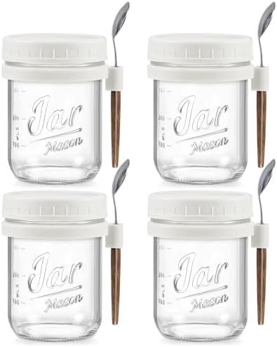 LANDNEOO 4 Pack Overnight Oats Containers with Lids and Spoons, 16 oz Glass Mason Jars with Airtight Lids, Overnight Oats Jars for Milk, Cereal, Fruit-White