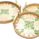 Set of 3 Handwoven Rattan Serving Trays, Handmade Wicker Decorative Trays, Boho Storage Trays for Coffee Table, Bathroom Vanity, Bedroom Dresser, Organizer for Perfume, Jewelry, Snacks & Home Decor
