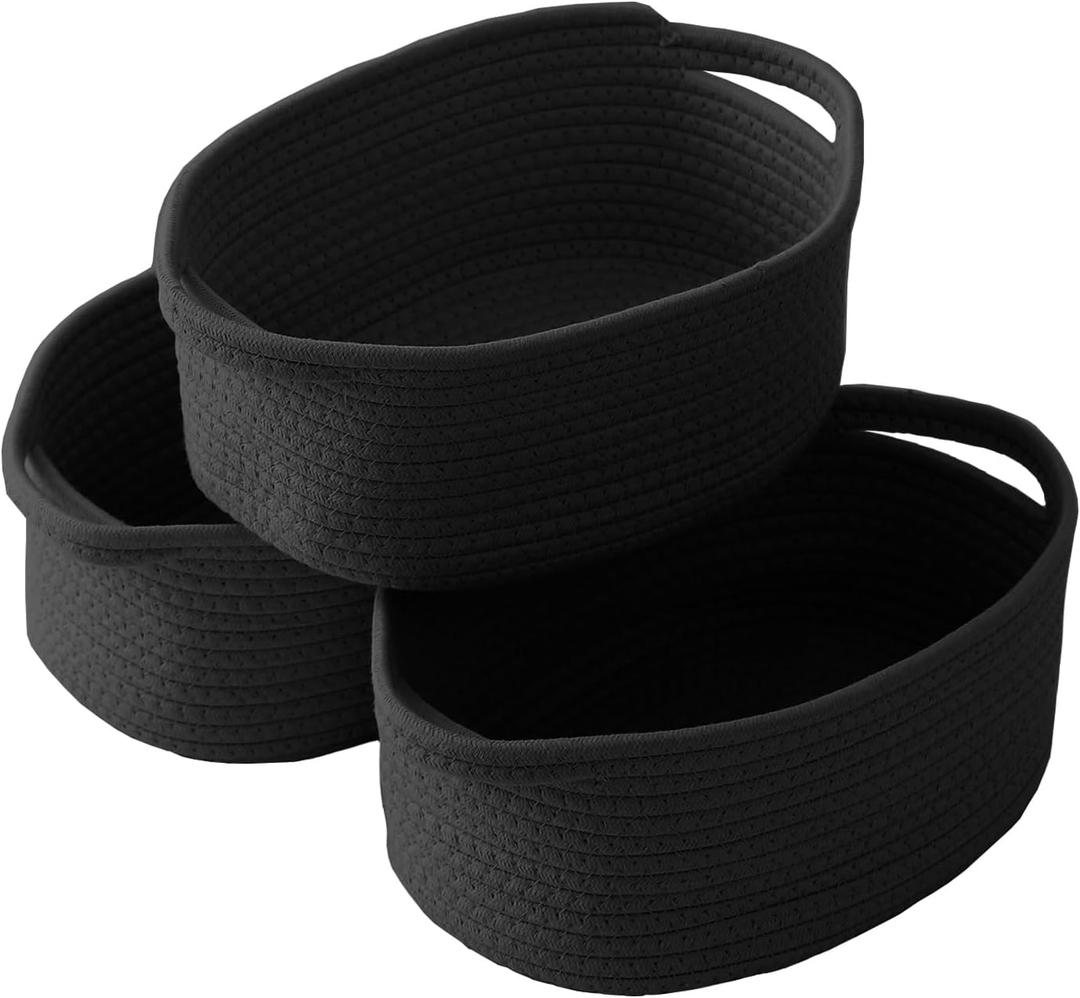 Woven Basket,Small Rope Storage Bin with Handles & Ribbon Bag, Organizer for Shelves Closets,Gift Basket Empty for Birthday,Books,Dog Toys, Black/1 Pack