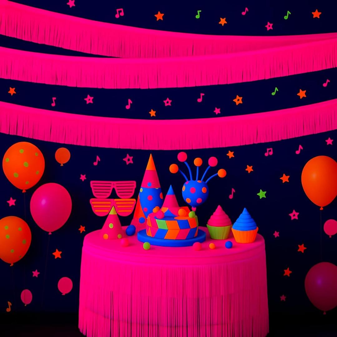 Tingjoo 12 Pack 120ft Glow in The Dark Party Supplies Neon Foil Fringe Garland Pink Parade Float Neon Party Decorations Fluorescent Glow Tinsel Streamer Banner Table Skirt for 80s Birthday Holiday