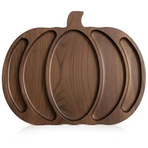 Sliner Fall Pumpkin Wooden Serving Dish Platter Thanksgiving 15" L x 12" W Pumpkin Shaped Charcuterie Board Snack Wood Cutting Board Sectional Dish Plate for Home Gifts(Brown)