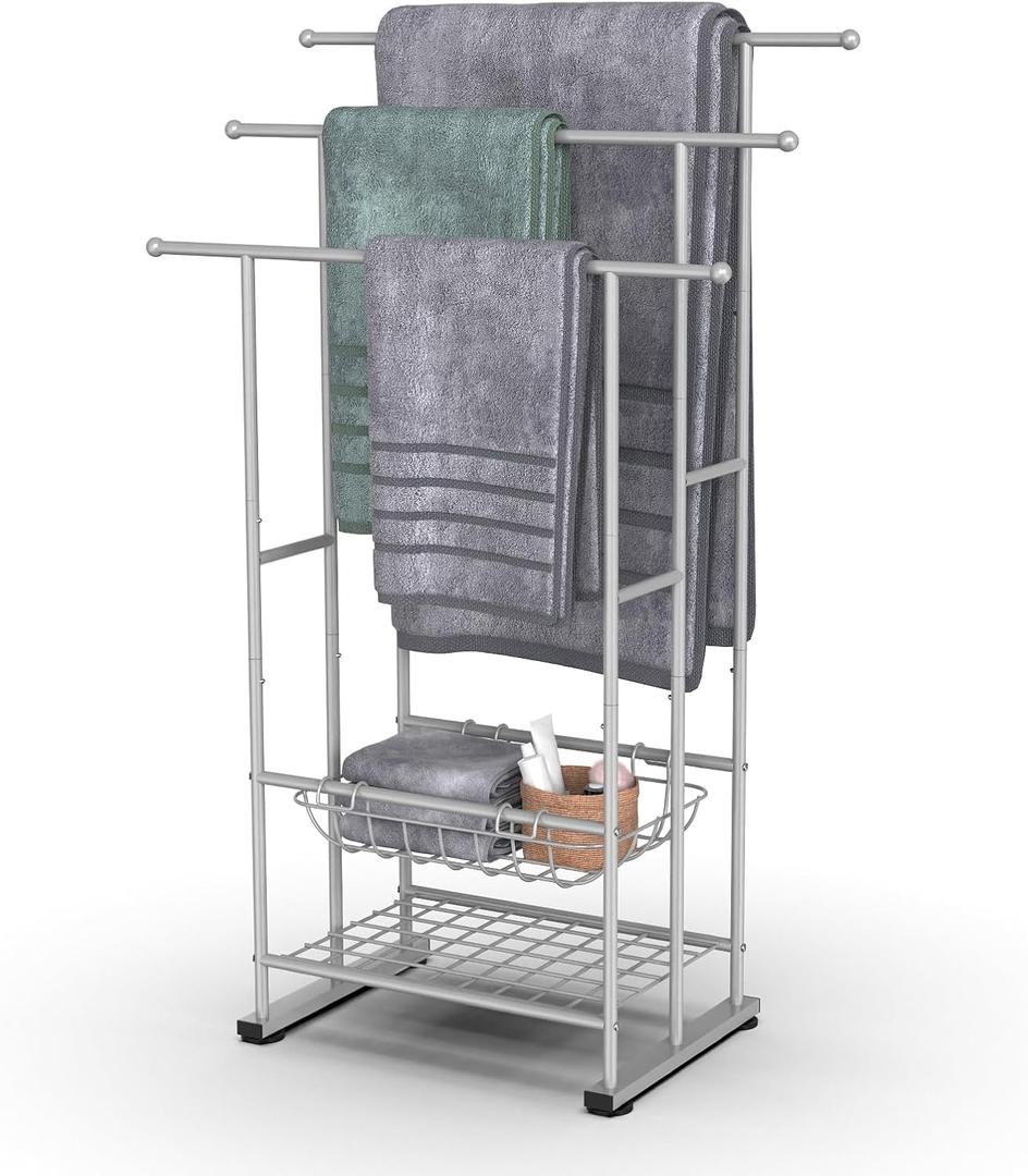 40" Tall Freestanding Towel Rack for Bathroom, 3 Tier Floor Towel Racks with Storage Basket and Shelf, Poolside Drying Rack for Large Bath Towel - Silver