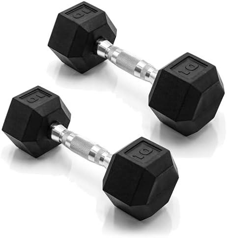CAP Rubber Coated Dumbbell Weights, Free Weights for Home Gym Strength Training, Anti-Roll Hex Dumbbells with Black, Chrome & Comfort Grip Handles, 10LBs Pairs & Sets