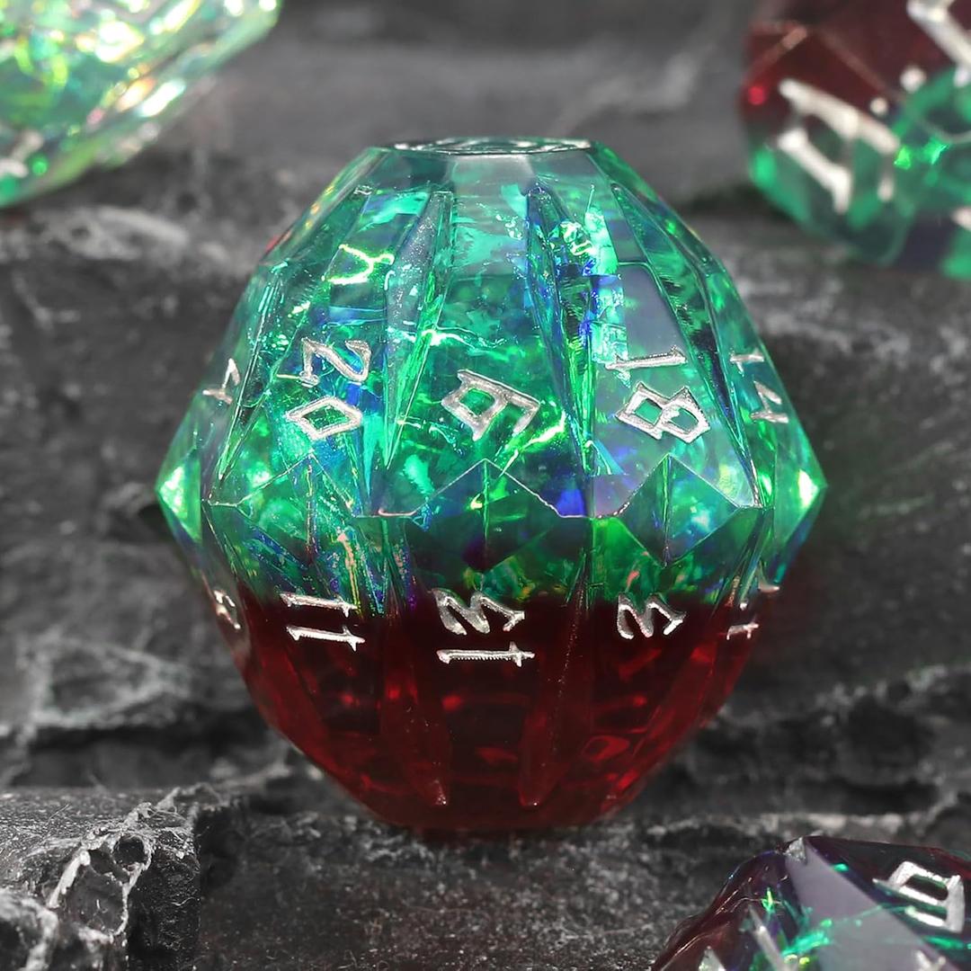 Resin DND Dice, Dungeons and Dragons Dice Set DND with Box Polyhedral D and D Dice 7 Piece Role Playing DiceGreen and Silver
