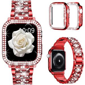 Mosonio Compatible with Apple Watch Band 38mm 40mm 41mm 42mm 44mm 45mm 46mm 49mm with 2 Pack Case Women, Jewelry Replacement Metal Bands Strap with Bling PC Protective Case for iWatch Ultra SE Series 11/10/9/8/7/6/5/4/3/2/1 Red