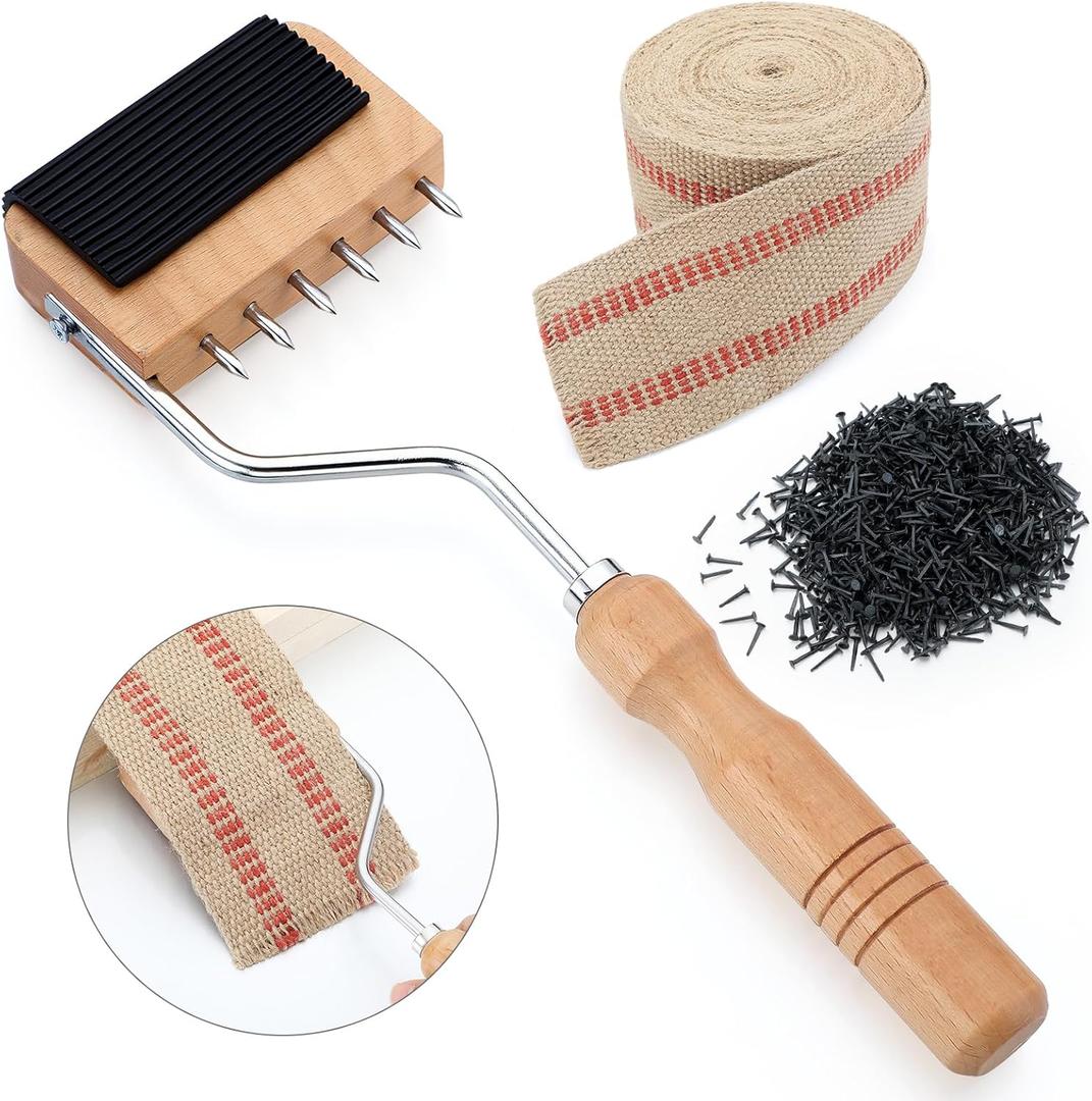 Lanties Upholstery Tool Set-3.5" Burlap Jute Webbing Tape 10 Yards, Webbing Stretcher Wood Handle, 115pcs 1/2" Black Upholstery Tacks-for Chair, Sofa, Carpet & Craft Furniture Repair Kit(Gooseneck)