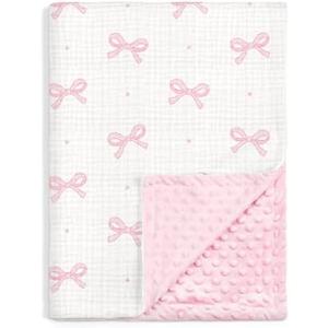 Bow Baby Blankets for Girls, Soft Nursery Minky Blankets with Muslin and Dotted Fleece Back 30x40 inches, Receiving Bed Quilt for Newborn, Infants, Toddlers