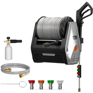 Giraffe Tools Wall Mounted Pressure Washer Plus with Upgraded 1800W Motor, Max 2900 PSI, 2.2 GPM Electric Power Washer with 100ft Retractable Pressure Hose for Car, Automatic Rewind, Any Length Lock (Light Silver)