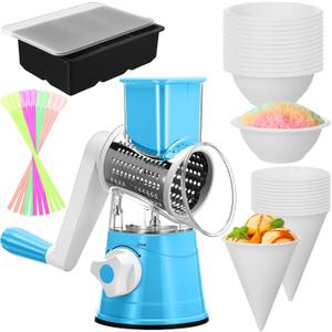 142 Pcs Manual Shaved Ice Maker Machine Set Include 20 Cone Cups, 20 Bowls, 100 Slushy Straws and 1 Ice Tray, Portable Snow Cone Machine for Birthday Gift Party(Blue)