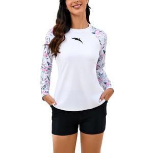 Halcurt Women's Built in Bra Rash Guard Long Sleeve Swimwear UPF 50 Two Piece Swim Shorts and Tops (X-Large, White Flamingo)