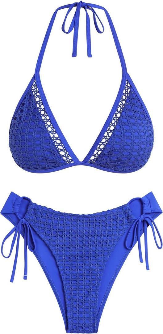 ZAFUL Women's Halter Triangle Bikini Set Crochet Boho Floral Swimsuit Cut Out Tie Side Two Piece Bathing Suit (Blue, XL)