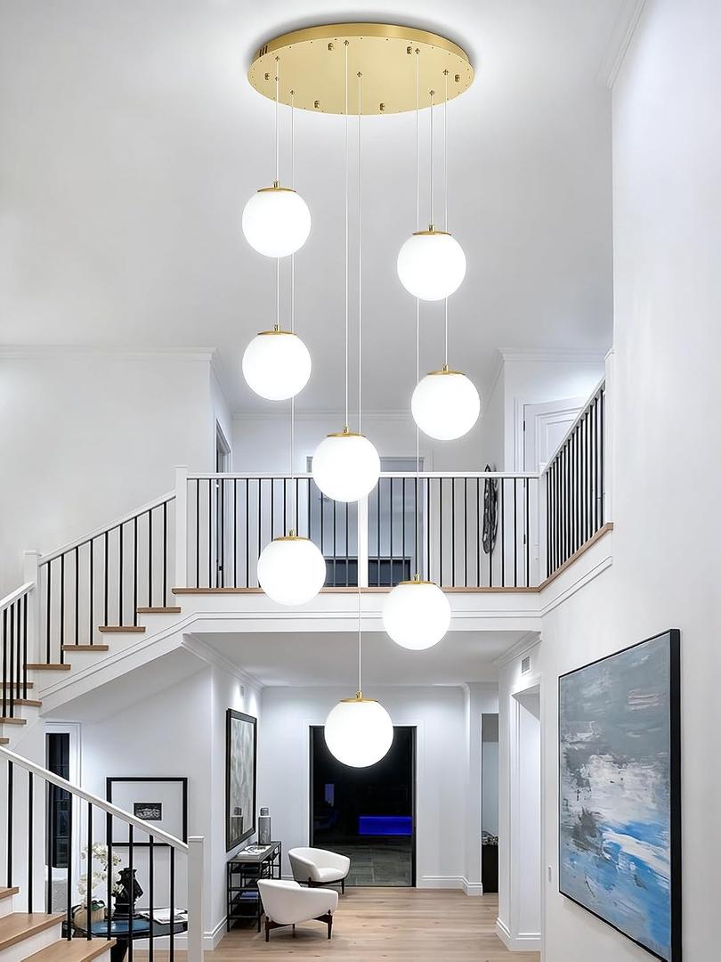 Globe Chandelier Modern Bubble Chandelier for High Ceiling Glod Chandeliers
8 Light,Max Height 118inch,White Glass,Dimmable,Color Temperature 2700-6000K,Adjustable Height