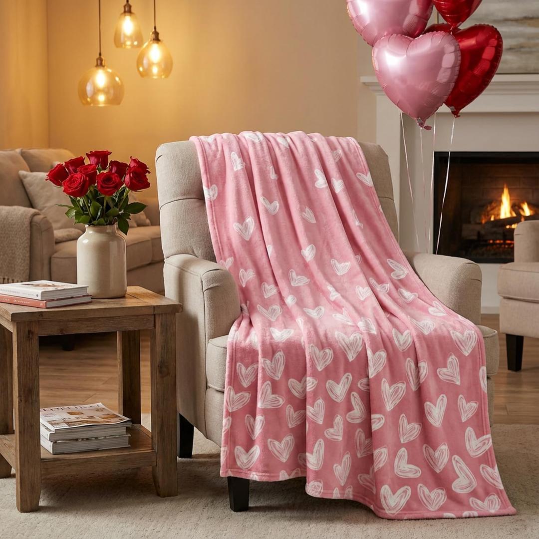 Horaldaily Valentine Flannel Blanket Throw, Pink Love Heart Painting Soft Fuzzy Plush Cozy Fleece Blankets for Couch Sofa Bed Lounging, Ideal Gifts for Kids Adults Wife Self, 50x60