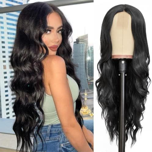 NAYOO Long Black Wavy Wig for Women 26 Inch Middle Part Curly Wavy Wig Natural Looking Synthetic Heat Resistant Fiber Wig for Daily Party Use (Natural Black)