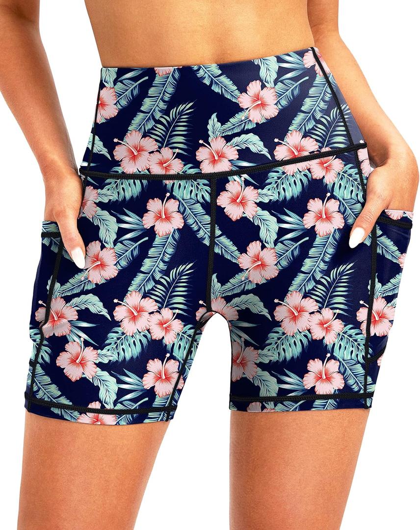 Soothfeel Women's High Waisted Swim Board Shorts 5 Inch UPF 50+ Tummy Control Bathing Suit Bottoms for Women with Pockets (Large, Navy Flower)