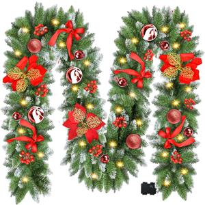 Christmas Garland with Lights, 9ft Battery Operated LED Garland with Timer, 30 Warm White LEDs, Waterproof Christmas Decorations for Indoor Outdoor Mantel, Stairs, Doorway, Window, Porch, Home