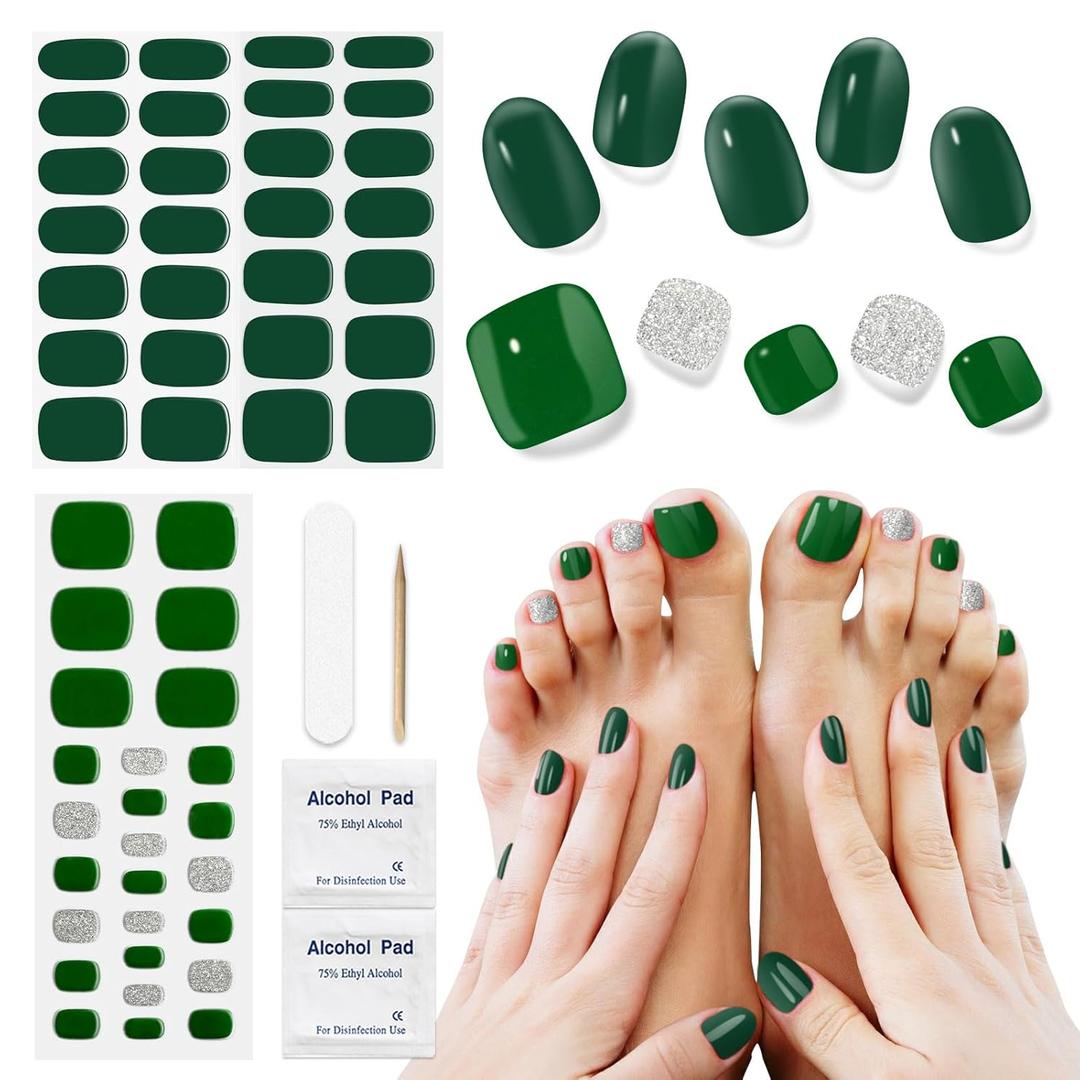 2 x Semi Cured Gel Nail Strips & Toenail Stickers 2 Set (Green),Gel Nail Stickers, Long Lasting, Gifts for Women, Works with UV Lamp, Includes Prep Pads,Wooden Stick (Hwj-mj-z05)