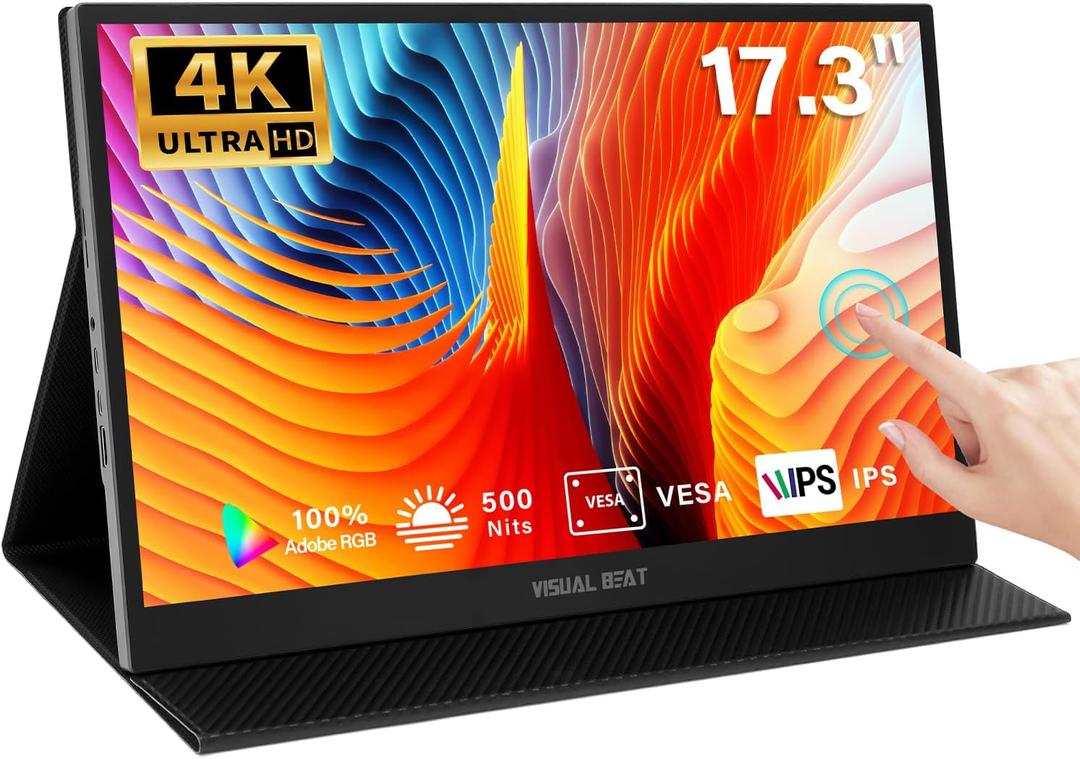 17.3'' 4K Portable Touchscreen Monitor, UHD 500Nits 100% AdobeRGB IPS HDR Travel Display, USB, Type-C & HDMI, Dual Speakers, VESA & Smart Cover - for Laptop PC Phone PS4/5 Xbox etc.