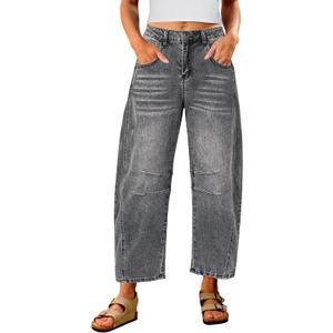 Utyful Barrel Jeans Women Cropped Baggy Trendy High Waisted Distressed Loose Stretch Denim Trouser Jeans with Pockets (Gray, L)