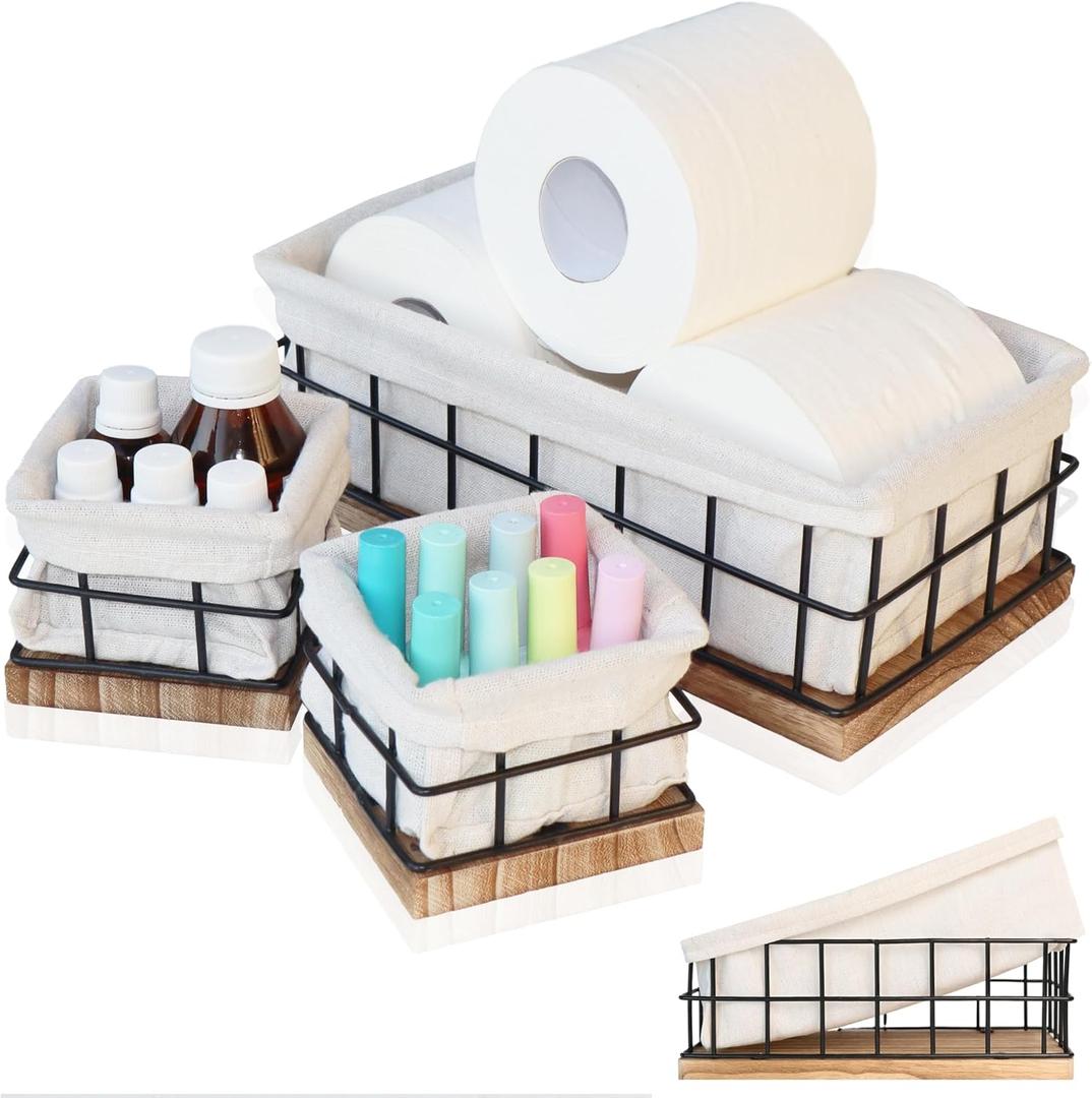 Metal Baskets for Organizing - Set of 3 Black Metal Basket with Liner, Wooden Decorative Baskets for Home Decors, Bathroom Decor & Kitchen Decor, Wooden Wire Basket Storage(1 Large, 2 Small)