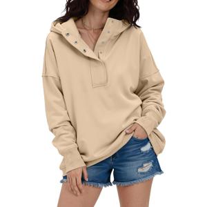 RICHSTORY Hoodie for Women Casual Long Sleeve Fleece Oversized Sweatshirt Sweaters Loose Button Hooded Pullover Sweatshirts Comfy Fall Tops 2025 Khaki XXL