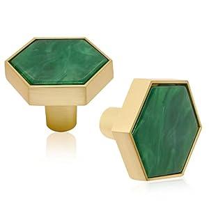 SWZHAI 4 Pcs Gold Cabinet Knobs for Dresser Drawers, Brushed Brass Hexagon, 1-1/4" Dresser Pulls for Kitchen Cabinets Cupboard Furniture Knobs, Green