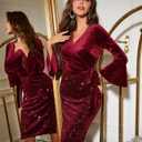 Dressystar Womens Velvet Sequin Dresses Wrap Bell Long Sleeve V Neck Slit Bodycon Formal Cocktail Prom Party Evening Dress (M)