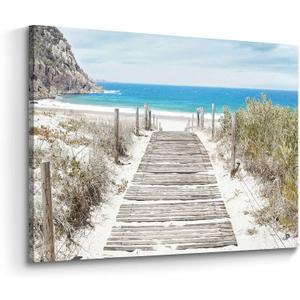 Bathroom Wall Art Beach Picture: Modern Ocean View Sea Canvas Artwork Decor Contemporary Coastal Scene Wave Seascape Painting Horizontal Scenic Nature Landscape Seaside Boardwalk Prints for Living