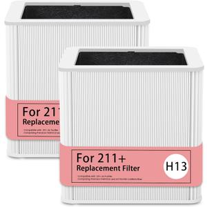 2 Pack 211+ Replacement Filter Compatible with 211+ Air Cleaner Purifier, H13 True Hepa and Activated Carbon Replacement Filter