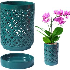 Orchid Pot 4 Inch, Orchid Pots with Holes & Saucers for Repotting, Breathable Slotted Orchid Pots Flower Plant Pot Green