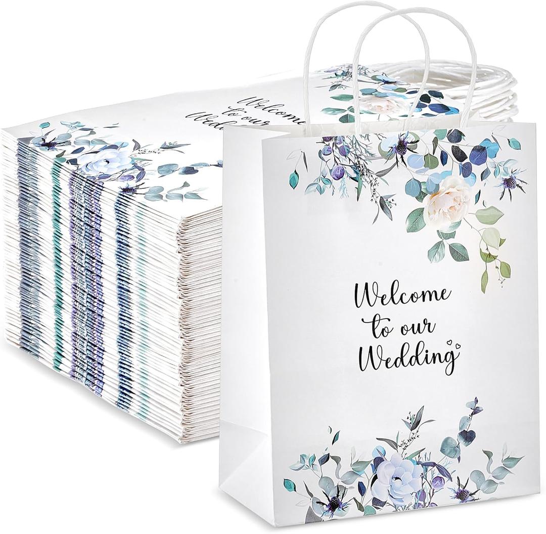 Kolldenn 50 Pcs Welcome to Our Wedding Gift Bags for Hotel Guests Bulk, Paper Wedding Welcome Bags with Handles for Bridal Shower Gifts Engagement Party Favors (Blue,Floral)