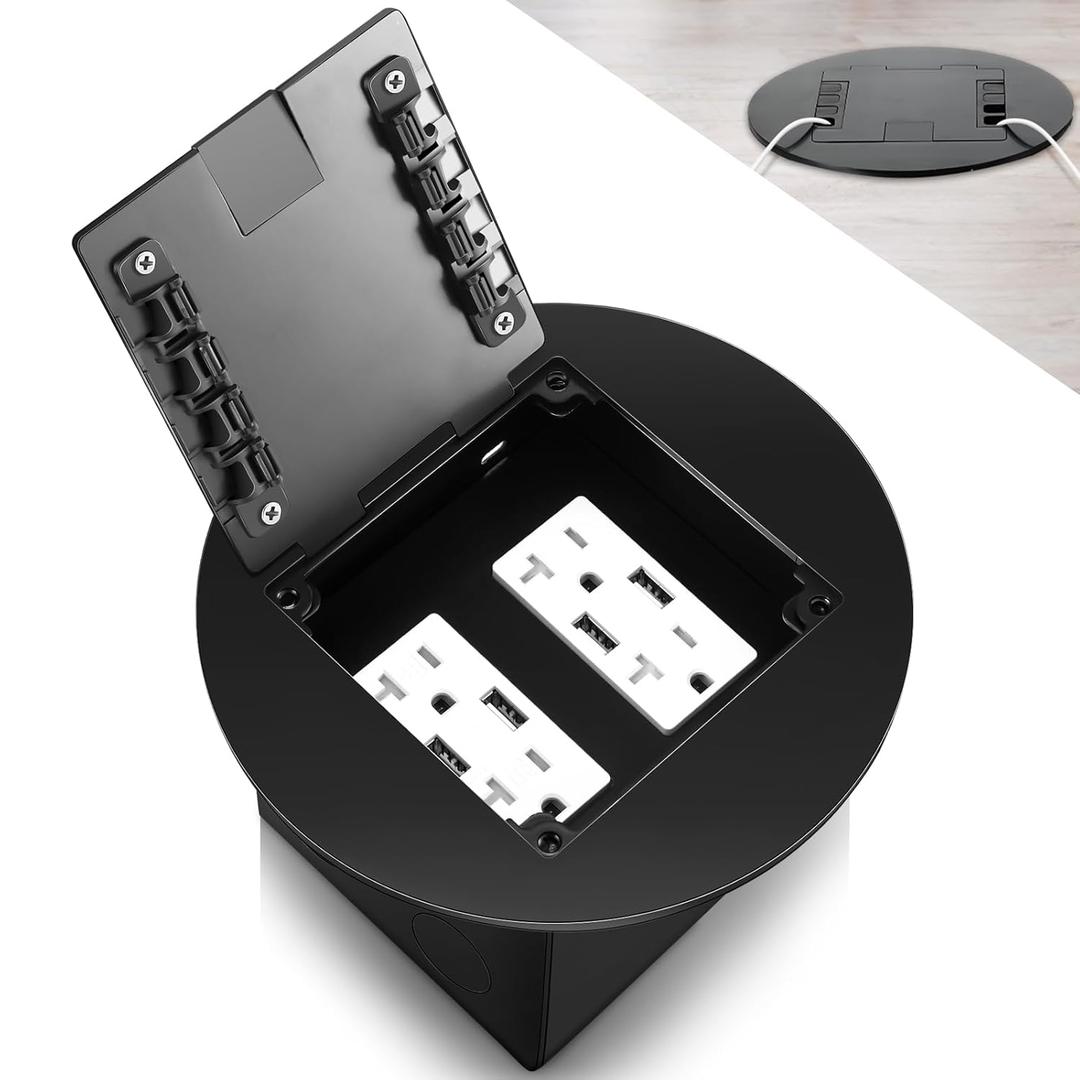 1 Pcs Recessed Floor Outlet 4. 72" x 4. 72" x 3. 94" 2-Gang with 4. 8a USB Chargers 20 Amp Floor Receptacles Round Hidden Outlet Kit Electrical Waterproof Box, Etl Listed (Black)
