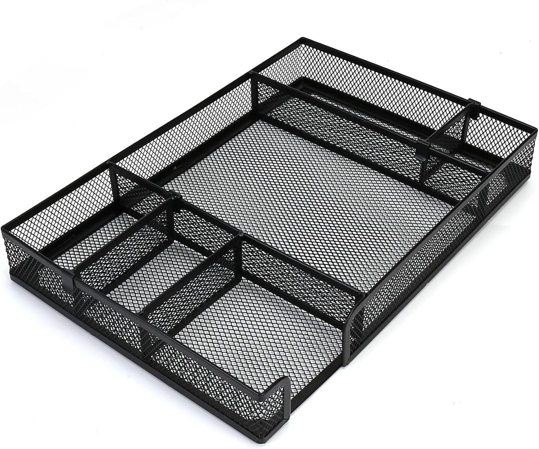 Desk Drawer Organizer Tray with Adjustable Compartments, 6 Grid Metal Mesh Drawer, Multi-use Desk Organizer Storage Box Set for Office,Home,School Supplies, 12.6X9X1.9 inch