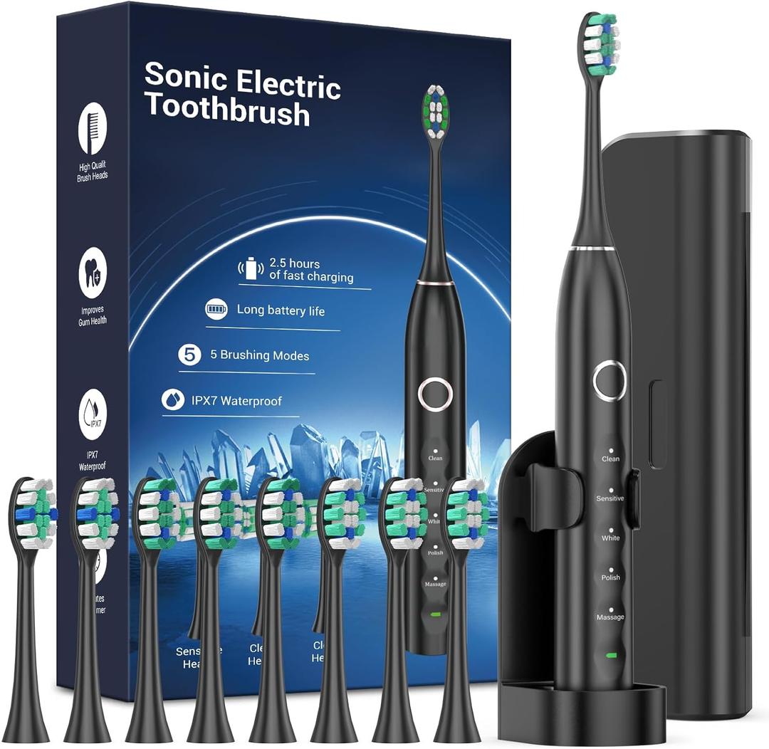 Rtauys S5 Upgraded Sonic Electric Toothbrush for Adults and Kids Ages 12+ with 8 Brush Heads, IPX7 Travel Toothbrush with Case, 2.5 Hours Charge for 120 Days, 5 Modes with Built-in Smart Timer Black (Black)