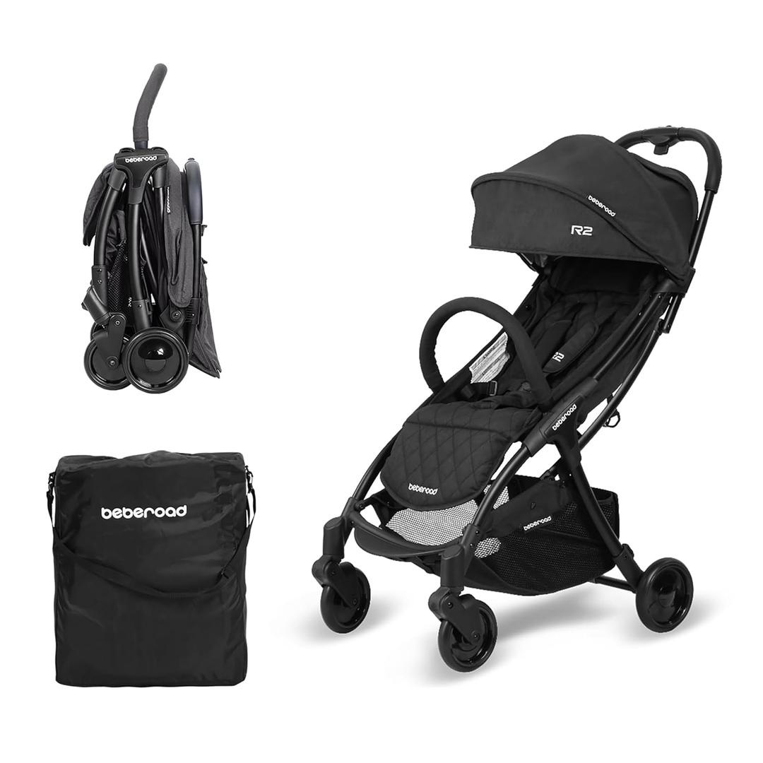 Beberoad Love R2 Small Travel Stroller - Compact, Foldable, Lightweight Baby Stroller for Airplane, Infant Toddler, Adjustable Backrest, Cup Holder & Waterproof Canopy, Black (Black)