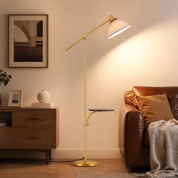 EDISHINE 68" Arc Floor Lamp with Table, Vintage Standing Lamp for Living Room with Tray, Tall Reading Lamp, Beige Shade, Adjustable Arm, Remote Dimmable Bulb Included, for Bedroom Office, Wood Grain