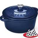 Overmont Enameled Cast Iron Dutch Oven - 5.5QT Pot with Lid Cookbook & Cotton Potholders - Heavy-Duty Cookware for Braising, Stews, Roasting, Sourdough Baking Indigo Blue