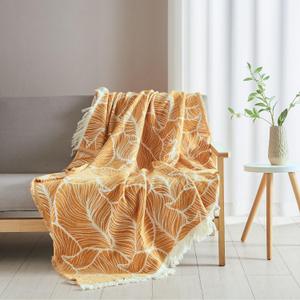 DOWN HOME Throw Blanket for Couch, Chenille Cotton Lightweight Summer Throw Blanket for Bed Sofa Chair Living Room Outdoor Soft Woven Decorative Blanket with Tassel Gift Orange Leaves 55"x60"